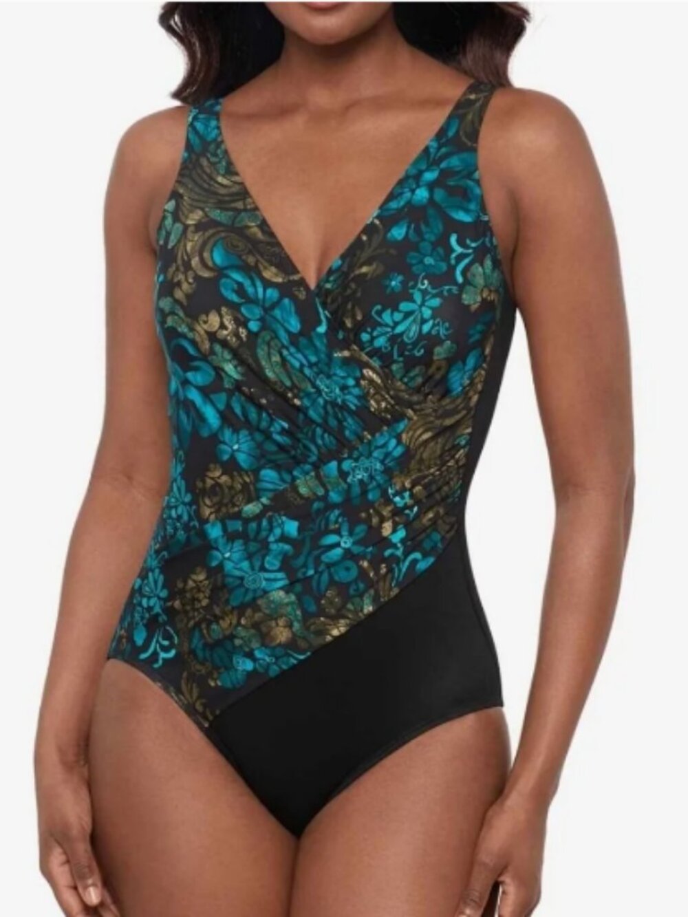 NWT Miraclesuit Oceanus Black Multi Flor De Mare Wireless One Piece Swimsuit 10